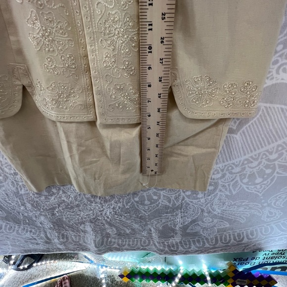 KARIN STEVENS LINEN BLEND DRESS 12 VINTAGE GRANDMA EMBROIDERY KAHKI TAN 582 - Picture 3 of 8